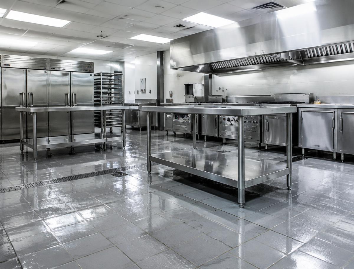 Clean tile floor and stainless prep tables in a commercial kitchen